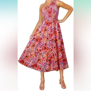 ZESICA Women's Floral Print One Shoulder Smocked Ruffle Tiered  Midi Dress